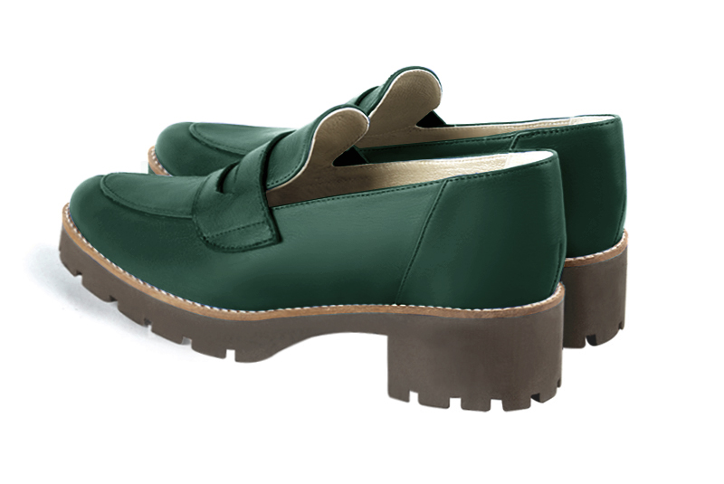 Forest green women's casual loafers. Round toe. Low rubber soles. Rear view - Florence KOOIJMAN